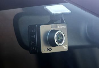 A dashcam in a car window