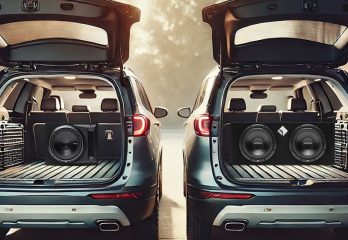 Two SUV's with their trunks open- One has two subwoofers in the back, and the other has only one